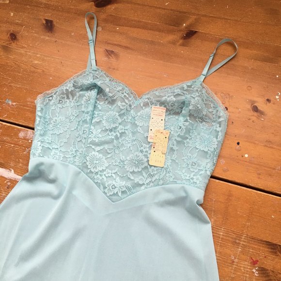 Vintage 50s Robin's Egg Blue Lace Full Slip, NWT, 34" Bust, Slip Dress - Picture 4 of 16